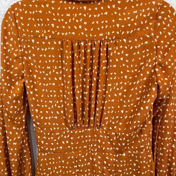 Topshop Sz 4 Long Sleeve Rust Orange Spot Chiffon Collared Midi Shirt Dress - Picture 9 of 16